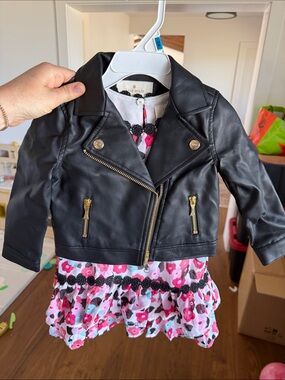 kate spade Black Faux Leather Moto Jacket with Pink Floral Dress